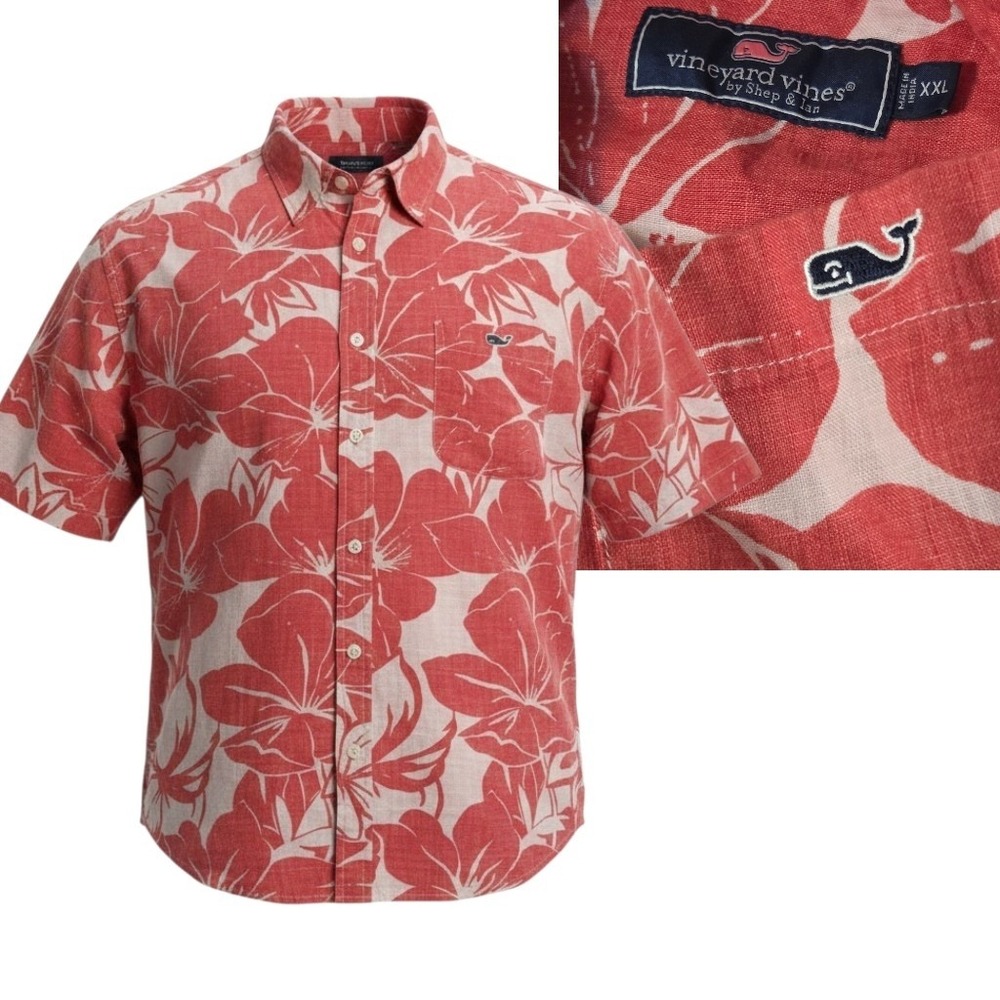 Vineyard Vines Button Down Mens XXL Red Floral Linen Short Sleeve Shirt